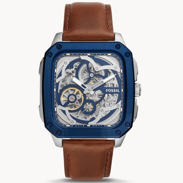 Fossil Men’s Automatic Brown Leather Strap Blue Skeleton Dial 42mm Watch BQ2571