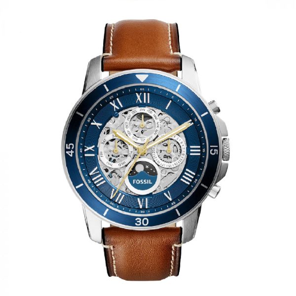 Fossil Men’s Automatic Brown Leather Strap Blue Skeleton Dial 44mm Watch ME3140