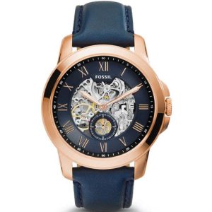 Fossil Men’s Automatic Blue Leather Strap Blue Skeleton Dial 44mm Watch ME3054