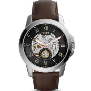 Fossil Men’s Automatic Dark Brown Leather Strap Black Skeleton Dial 45mm Watch ME3095