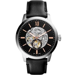 Fossil Men’s Automatic Black Leather Strap Black Skeleton Dial 48mm Watch ME3153