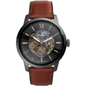 Fossil Men’s Automatic Brown Leather Strap Grey Skeleton Dial 48mm Watch ME3181