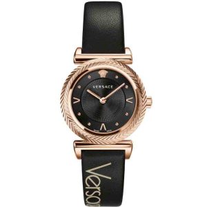 Versace Women’s Quartz Swiss Made Black Leather Strap Black Dial 35mm Watch VERE00818