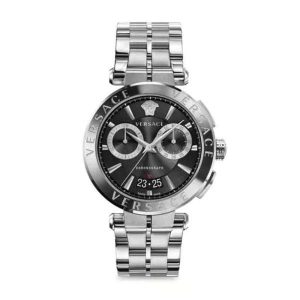 Versace Men’s Quartz Swiss Made Silver Stainless Steel Black Dial 45mm Watch VBR080017