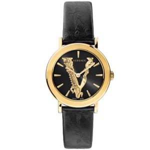 Versace Women’s Quartz Swiss Made Black Leather Strap Black Dial 36mm Watch VEHC00119