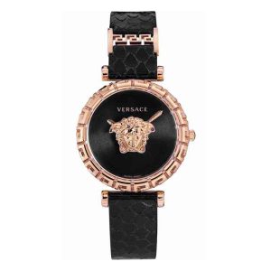 Versace Women’s Quartz Swiss Made Black Leather Strap Black Dial 37mm Watch VEDV00719