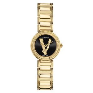 Versace Women’s Quartz Swiss Made Gold Stainless Steel Black Dial 28mm Watch VET300121