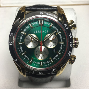 Versace Men’s Quartz Swiss Made Black Leather Strap Green Dial 44mm Watch VDB050014