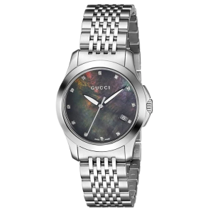Gucci Women’s Swiss Made Quartz Silver Stainless Steel Black Mother Of Pearl Dial 27mm Watch YA126505