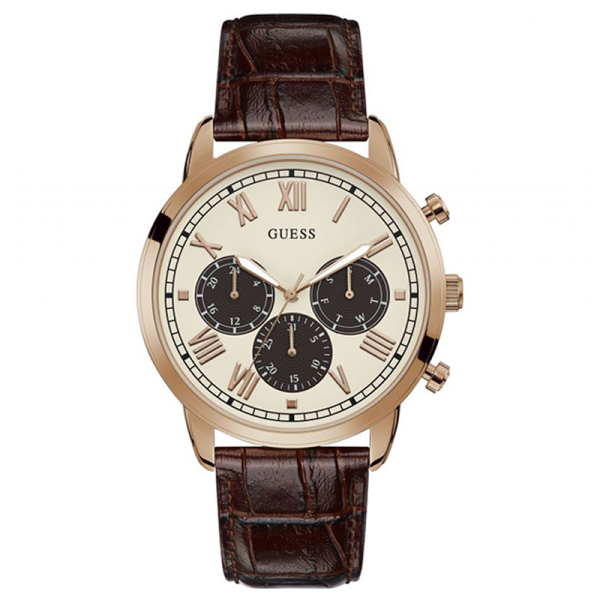 Guess Men’s Quartz Brown Leather Strap White Dial 44mm Watch GW0067G3