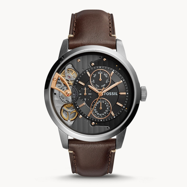 Fossil Men’s Mechanical Twist Dark Brown Leather Strap Black Dial 44mm Watch ME1163