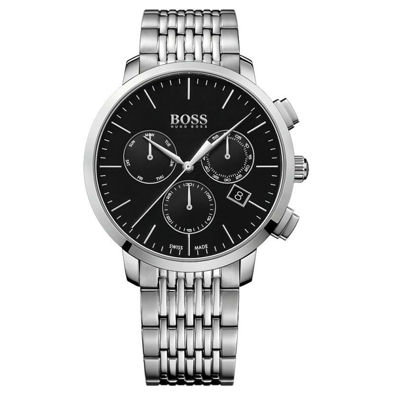 Hugo Boss Men’s Quartz Silver Stainless Steel Black Dial 44mm Watch ...