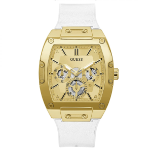 Guess Men’s Quartz White Silicone & Leather Strap Gold Dial 43mm Watch GW0202G6