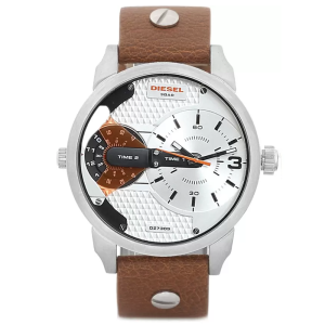 Diesel Men’s Quartz Brown Leather Strap Silver Dial 54mm Dual Time Watch DZ7309