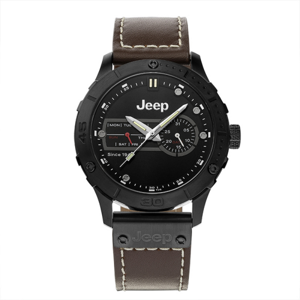 Jeep Men’s Quartz Brown Leather Strap Black Dial 43mm Watch JP15503