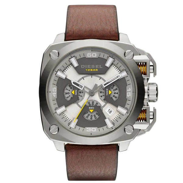 Diesel Men’s Quartz Brown Leather Strap Beige & Grey Dial 57mm Watch DZ7343