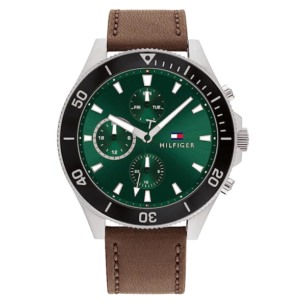 Tommy Hilfiger Men’s Quartz Brown Leather Strap Green Dial 46mm Watch 1791983