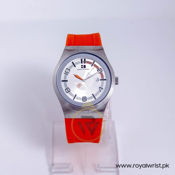 Hugo Boss Men’s Quartz Orange Silicone Strap Silver Dial 42mm Watch 1512693