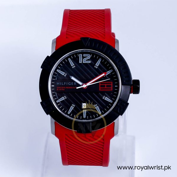 Tommy Hilfiger Men’s Quartz Red Silicone Strap Black Dial 44mm Watch 1790736