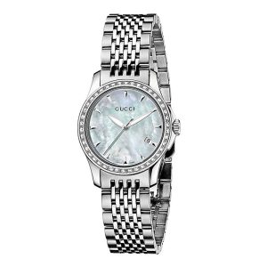 Gucci Women’s Swiss Made Quartz Silver Stainless Steel White Mother of Pearl Dial 27mm Watch YA126506