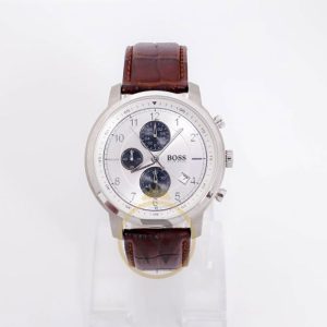 Hugo Boss Men’s Quartz Brown Leather Strap Silver Dial 46mm Watch 1512645/2
