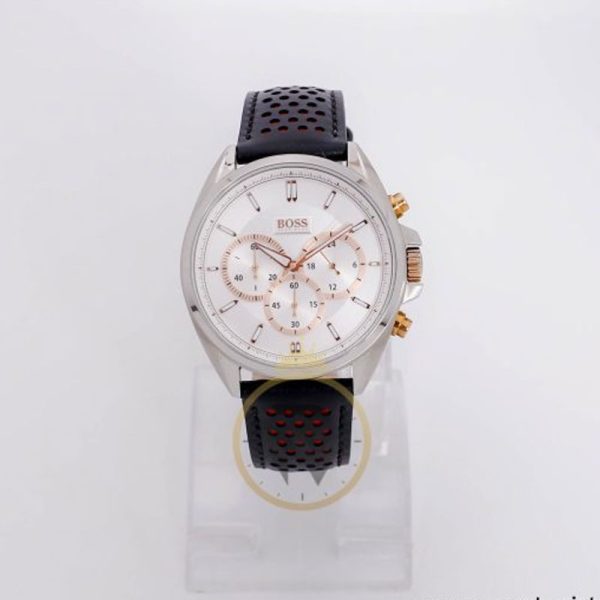 Hugo Boss Men’s Quartz Black Leather Strap Silver White Dial 44mm Watch 1512881