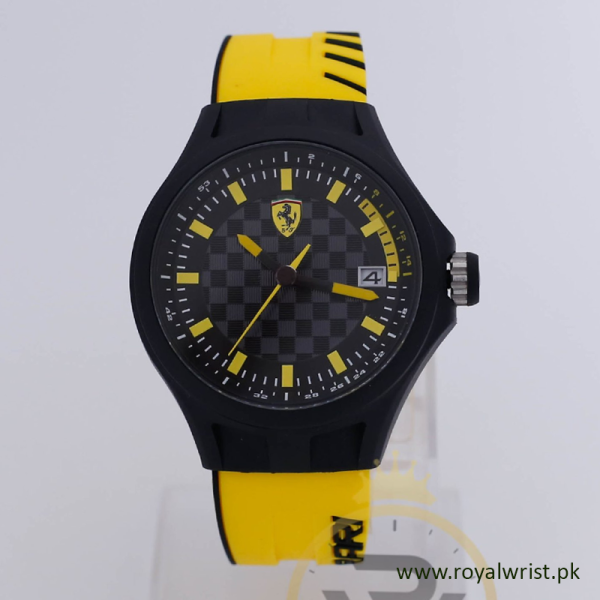 Ferrari Men’s Quartz Yellow Silicone Strap Black Dial 44mm Watch 0830126