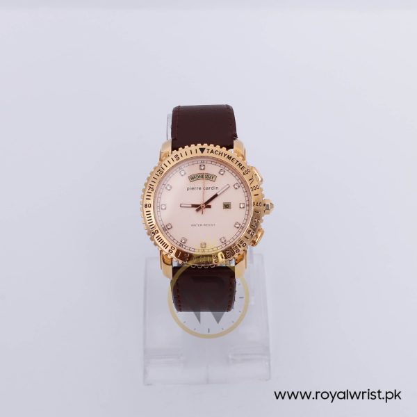Pierre Cardin Men’s Quartz Brown Leather Strap Light Rose Gold Dial 44mm Watch 10170-1/3