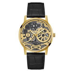 Guess Men’s Quartz Black Leather Strap Gold Dial 42mm Watch GW0570G1