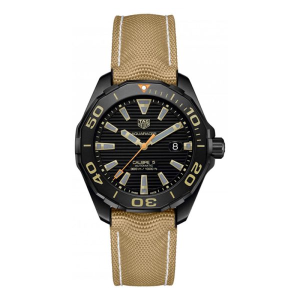 Tag Heuer Aquaracer Men’s Automatic Swiss Made Beige Nylon Strap Black Dial 43mm Watch WAY208C.FC6383