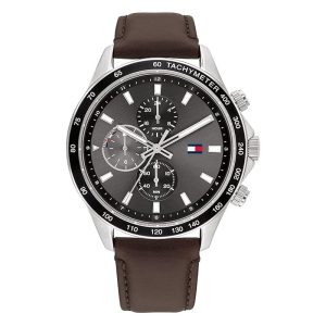 Tommy Hilfiger Men’s Quartz Brown Leather Strap Grey Dial 44mm Watch 1792015