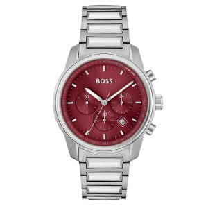 Hugo Boss Men’s Quartz Silver Stainless Steel Red Dial 44mm Watch 1514004