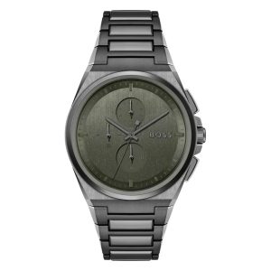 Hugo Boss Men’s Quartz Grey Stainless Steel Green Dial 46mm Watch 1514045