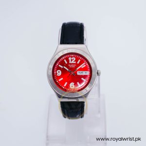 Swatch Men’s Swiss Made Quartz Black Leather Strap Red Dial 38mm Watch YGS731G