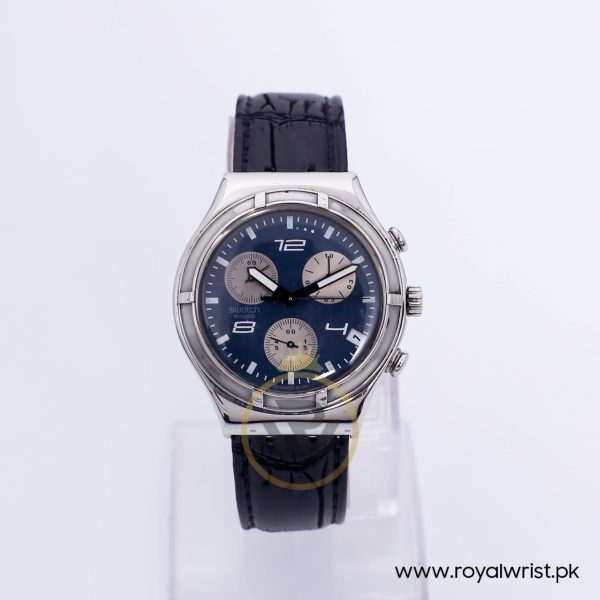 Swatch Men’s Swiss Made Quartz Black Leather Strap Dark Blue Dial 40mm Watch YCS40099