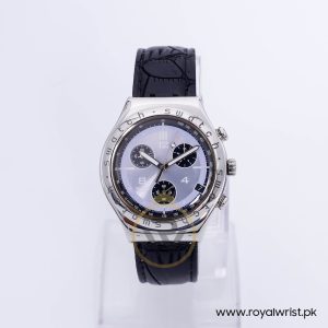 Swatch Men’s Swiss Made Quartz Black Leather Strap Silver & Purple Dial 40mm Watch YGS70098