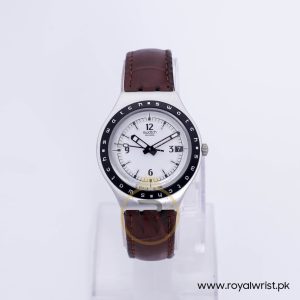 Swatch Men’s Swiss Made Quartz Brown Leather Strap White Dial 37mm Watch YGS713G