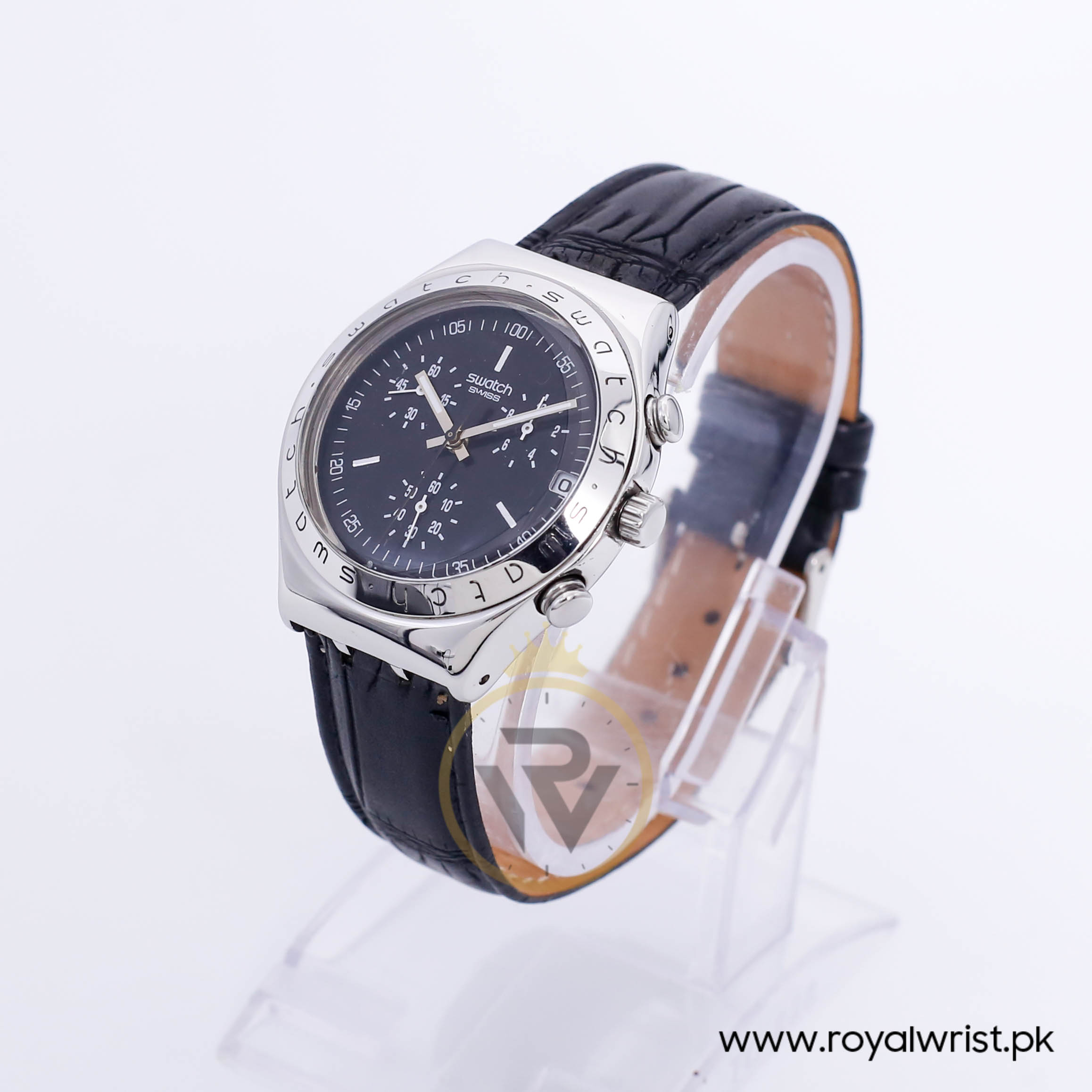 Swatch Men s Swiss Made Quartz Black Leather Strap Black Dial 40mm