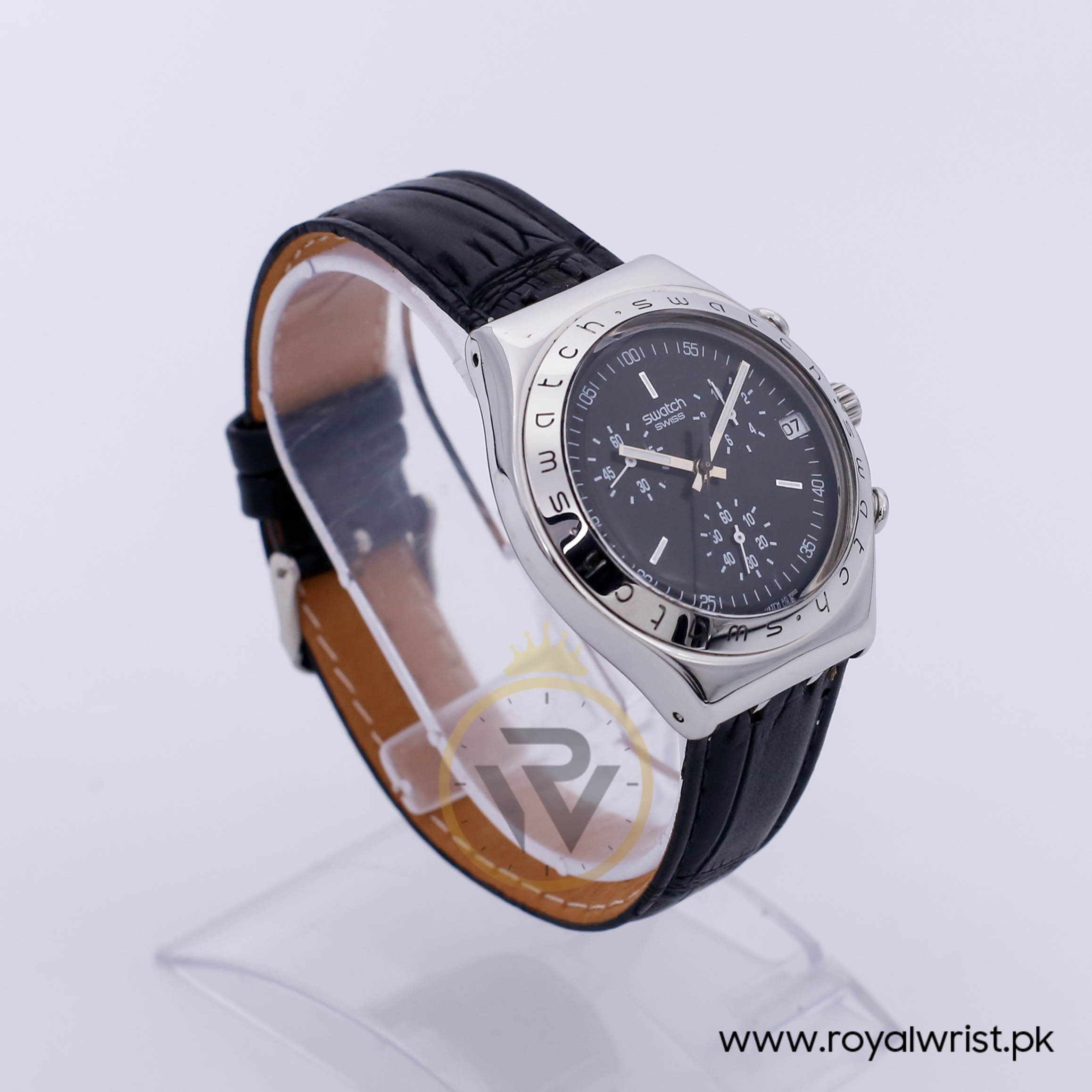 Swatch Men s Swiss Made Quartz Black Leather Strap Black Dial 40mm