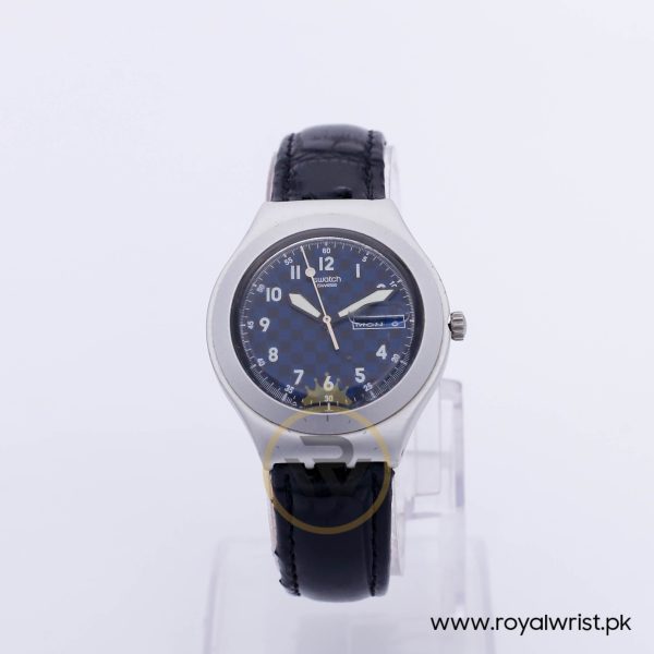 Swatch Men’s Swiss Made Quartz Black Leather Strap Dark Blue Dial 37mm Watch YCS4006A6