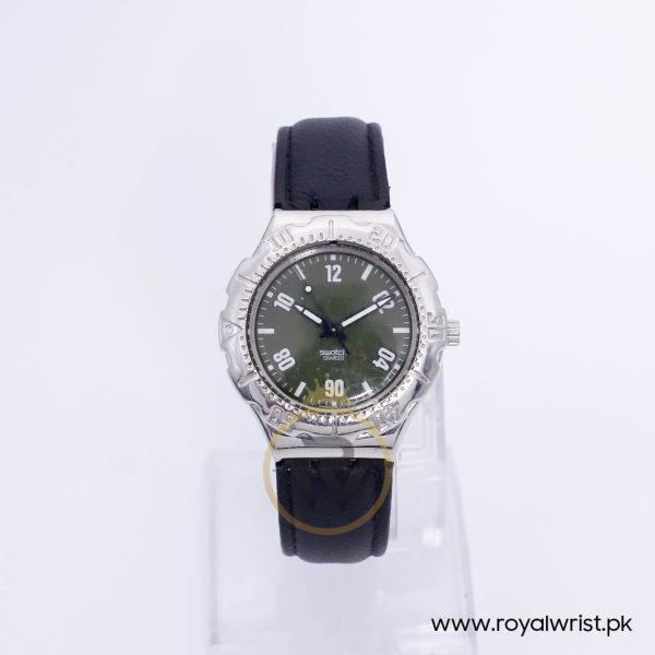 Swatch Unisex Swiss Made Black Leather Strap Green Dial 38mm Watch YDS107