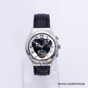 Swatch Men’s Swiss Made Quartz Black Leather Strap Silver & Black Dial 40mm Watch YCS109