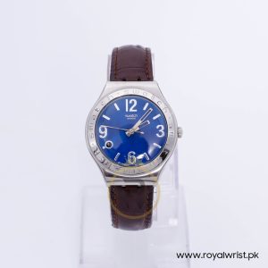 Swatch Men’s Swiss Made Quartz Dark Brown Leather Strap Blue Dial 37mm Watch YGS427G