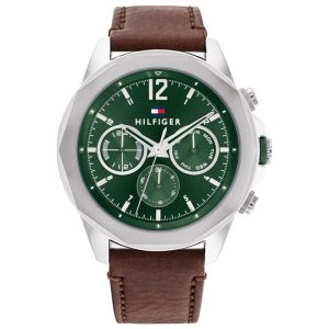 Tommy Hilfiger Men’s Quartz Brown Leather Strap Green Dial 46mm Watch 1792064