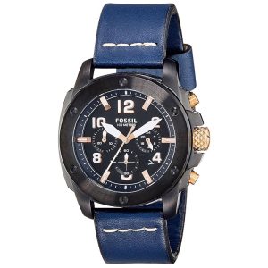 Fossil Men’s Quartz Navy Blue Leather Strap Black Dial 45mm Watch FS5066