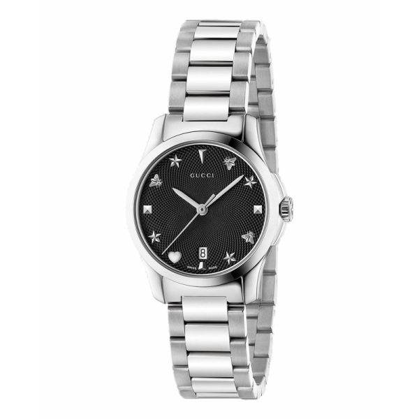 Gucci Women’s Swiss Made Quartz Silver Stainless Steel Black Dial 27mm Watch YA126573