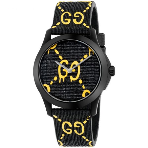 Gucci Unisex Swiss Made Quartz Black Silicone Strap Black & Yellow Dial 38mm Watch YA1264019