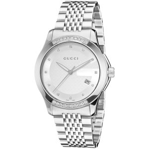 Gucci Men’s Swiss Made Quartz Silver Stainless Steel Silver Dial 38mm Watch YA126407