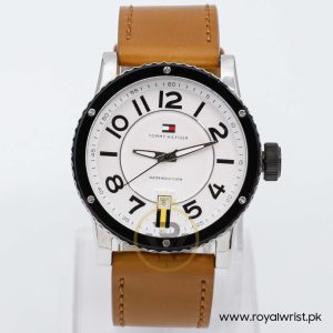 Tommy Hilfiger Men’s Quartz Brown Leather Strap White Dial 44mm Watch 1790675