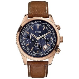 Guess Men’s Quartz Brown Leather Strap Blue Dial 46mm Watch W0500G1